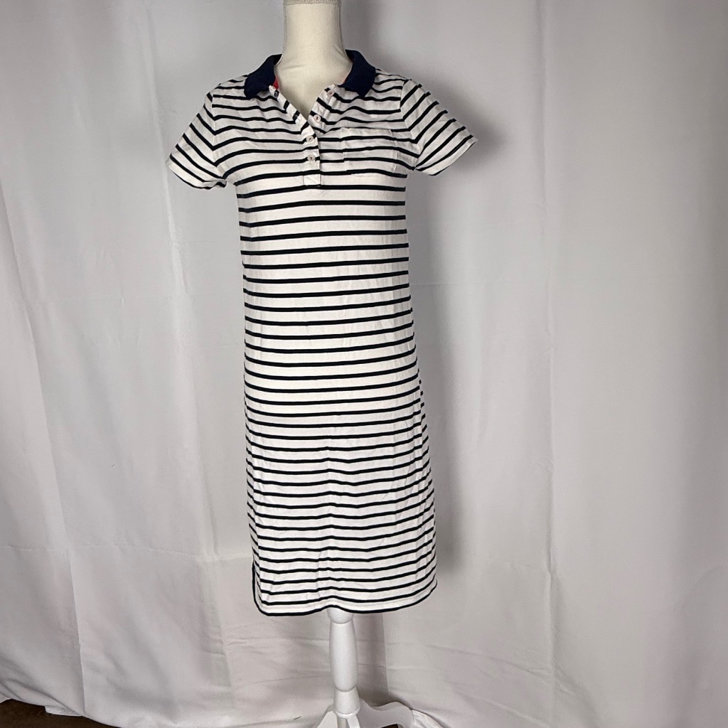 Boden Women's Navy Striped Polo Shirt Dress, Short Sleeve, Collared, 8 Long
